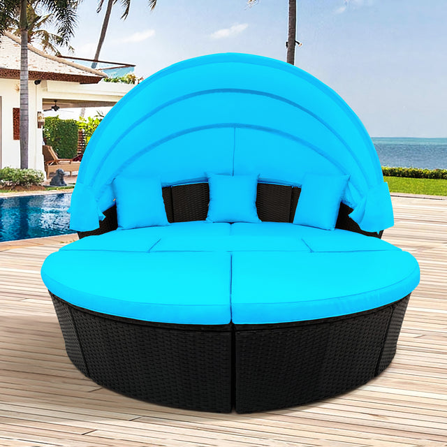 Outdoor rattan daybed sunbed with Retractable Canopy Wicker Furniture, Round Outdoor Sectional Sofa Set, black Wicker Furniture Clamshell Seating with Washable Cushions, Backyard, Porch, Blue.
