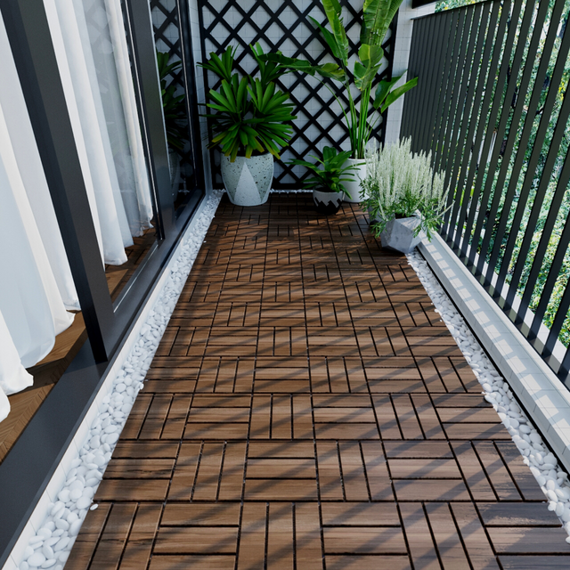 10 PCS Interlocking Deck Tiles Checker Pattern, 12" x 12" Square Acacia Hardwood Outdoor Flooring for Patio, Bancony, Pool Side,...