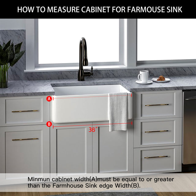 Fireclay Farmhouse Kitchen Sink 36 inch Single Bowl Apron Sink with Bottom Grid in & Drain , White Color