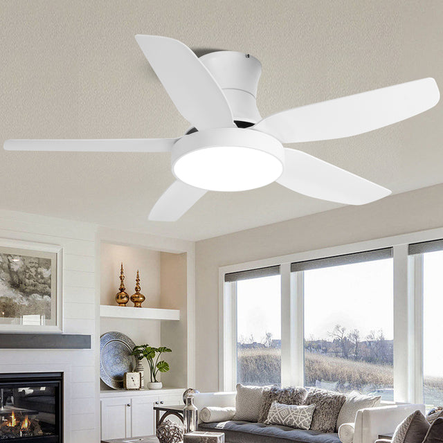 Indoor Low Profile Ceiling Fan with LED Light and Remote Control,Ultra Quiet Flush Mount Fan with 6 Speed DC Motor and Energy Efficient Light with 3 Color, 46 Inch, Fresh White Finish