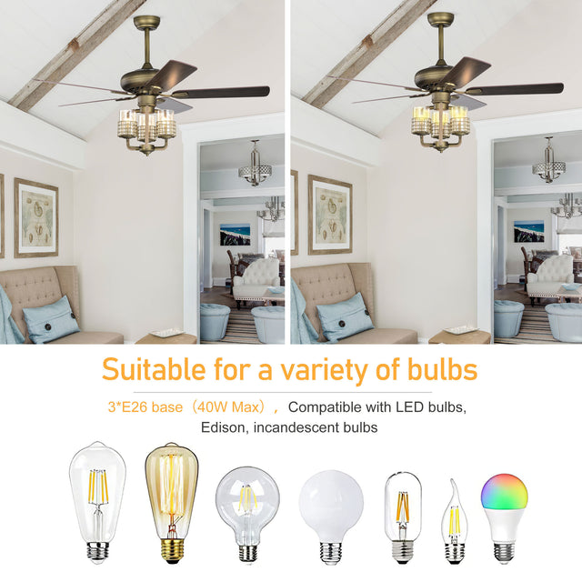 52inch Bronze Metal 3 Lights Ceiling Fan with 5 Wood Blades, Two-color fan blade, AC Motor, Remote Control, Reversible Airflow, Multi-Speed, Adjustable Height, Traditional Ceiling Fan