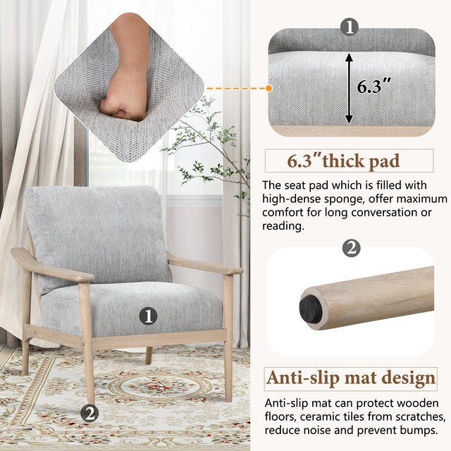 【EAT 3.10】Mid Century Modern Chair with Solid Wood Frame,Arm Chair with Vertical Slatted Back,Thick Pad Upholstered Accent Chair for Living Room, Bedroom, Belcony, Natural