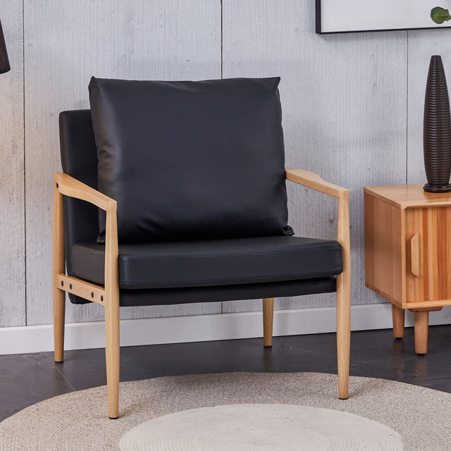 Sofa Chair.Black PU Leather Accent Arm Chair Mid Century Modern Upholstered Armchair with Imitation solid wood color Metal Frame Padded Backrest and Seat Cushion Sofa Chairs for Living Room