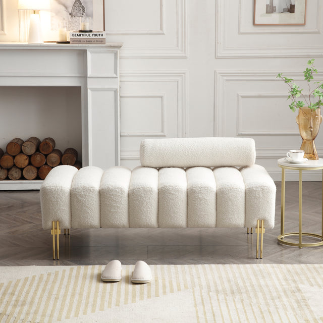 53.2” Width Modern End of Bed Bench Sherpa Fabric Upholstered 2 Seater Sofa Couch Entryway Ottoman Bench Fuzzy Sofa Stool Footrest Window Bench with Gold Metal Legs for Bedroom Living Room,Beige
