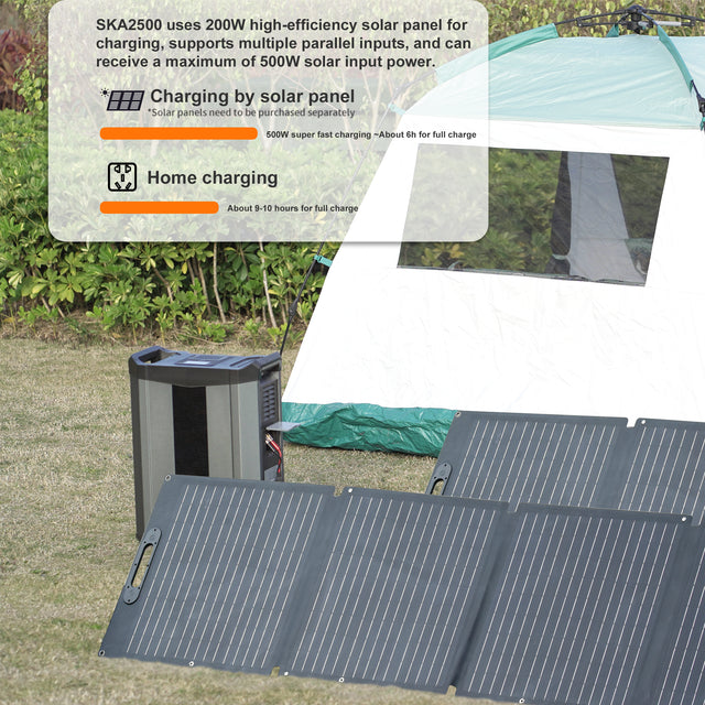 2515Wh portable power station for outdoor travel, home backup power, 3 x AC120V output, 2000W stable output power, 4000W peak power, LCD display, 3 x USB, 3 x DC5521, including a 200W/60V solar panel