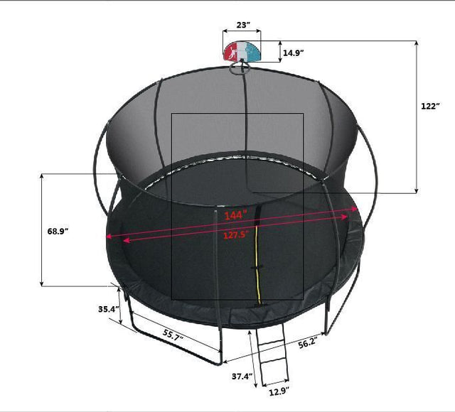 12FT TRAMPOLINE,PUMPKIN SHAPED,BOARD,SLIDE ,BASKETABLL BOARD