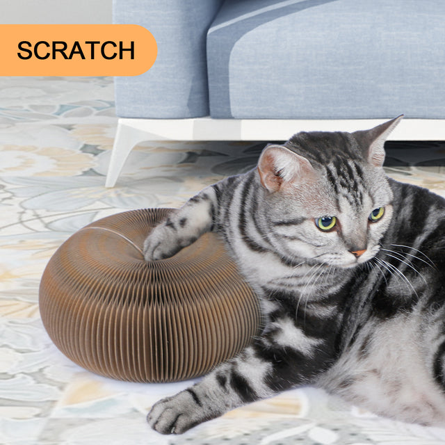 FluffyDream Magic Organ Cat Scratching Board, Interactive Scratch Pad with a Ball, Cat Scratcher for Grinding Claw, Recyclable and Durable, Furniture Protector, Retractable, Brown, Reversible