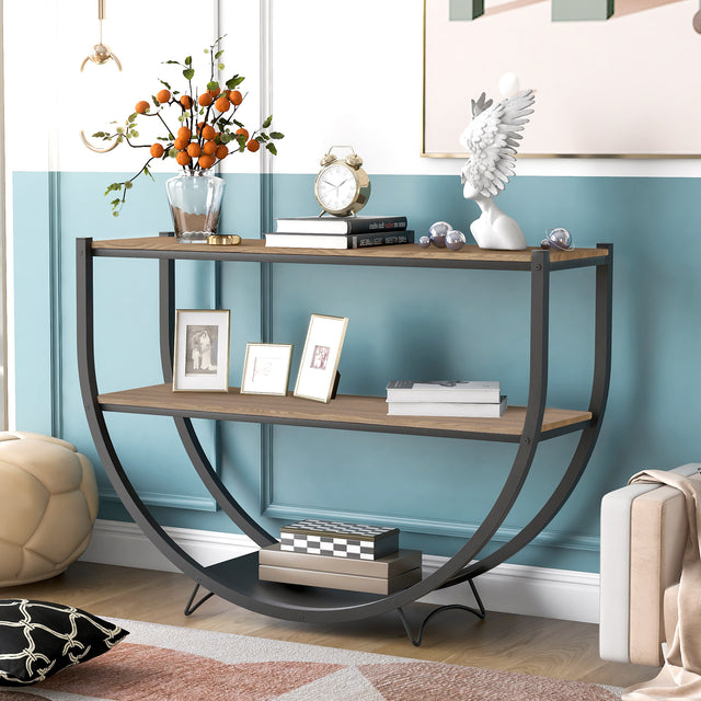TREXM Rustic Industrial Design Demilune Shape Textured Metal Distressed Wood Console Table (Brown)