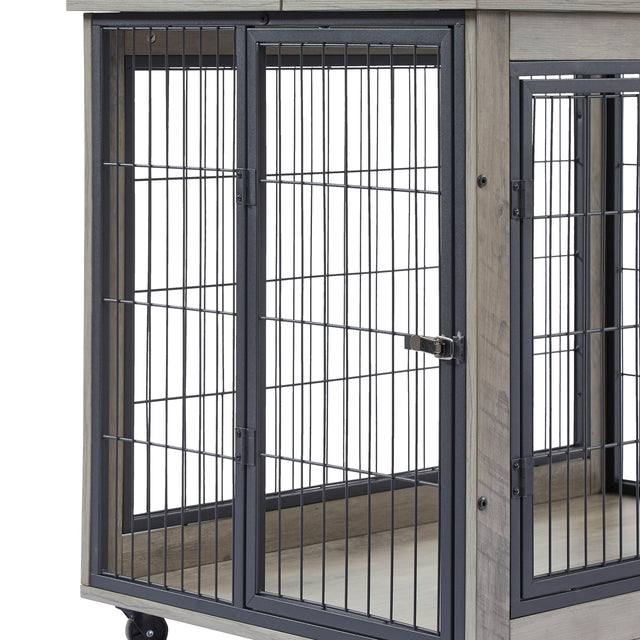 Furniture Style Dog Crate Side Table on Wheels with Double Doors and Lift Top.(Grey,38.58’’w x 25.5’’d x 27.36’’h)