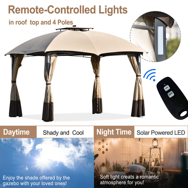 TOPMAX 10ft W*12ft L Outdoor Double Vents Gazebo Patio Metal Canopy with Screen and LED Lights for Backyard, Poolside, Brown