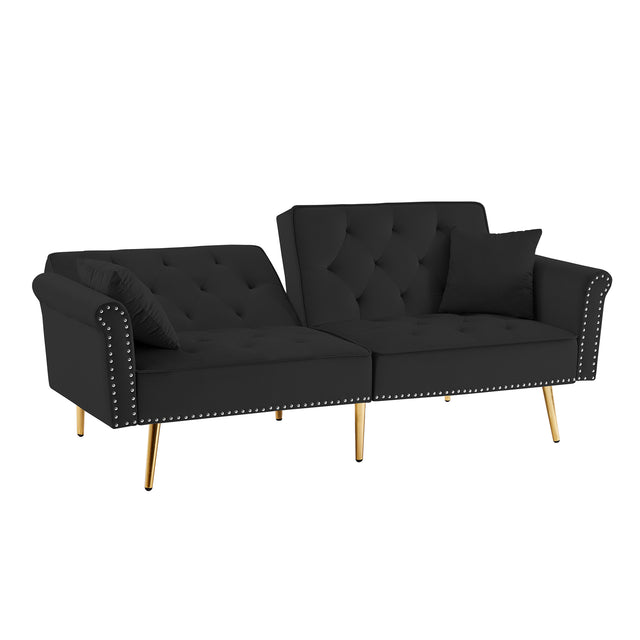 Modern Velvet Tufted Sofa Couch with 2 Pillows and Nailhead Trim, Loveseat Sofa Futon Sofa Bed with Metal Legs for Living Room.