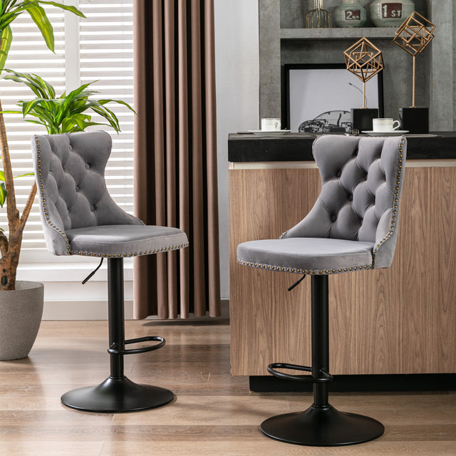A&A Furniture,Swivel Velvet Barstools Adjusatble Seat Height from 25-33 Inch, Modern Upholstered Bar Stools with Backs Comfortable Tufted for Home Pub and Kitchen Island(Gray,Set of 2)