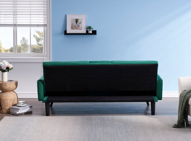 1730 Sofa Bed Armrest with Nail Head Trim with Two Cup Holders 72" Green Velvet Sofa for Small Spaces