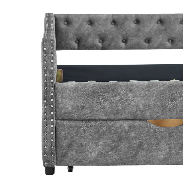 Twin Size Daybed with Drawers Upholstered Tufted Sofa Bed, with Button on Back and Copper Nail on Waved Shape Arms,Grey(81.5“x41”x30.5“)