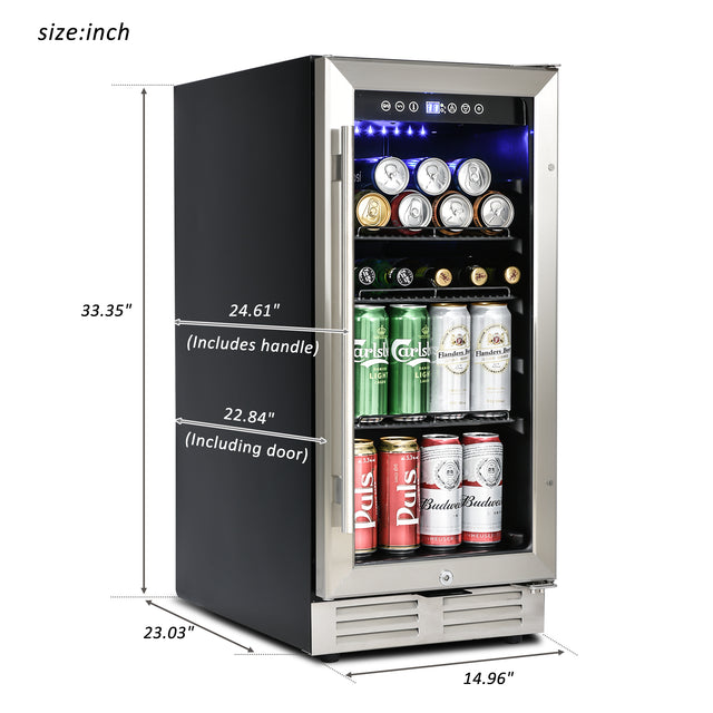 Built-in and Freestanding 15" Mini Beverage Refrigerator/Wine Cabinet, 120 Cans, 34-65°F, Quiet, Adjustable Shelves, LED Lighting, ETL , Touch Controls, Defrost, Double Glass Door, Kitchen/Bar /office