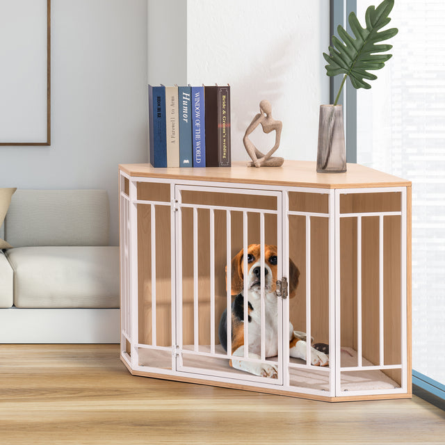 Corner Dog Crate with Cushion, Dog Kennel with Wood and Mesh, Doghouse, Pet Crate Indoor Use