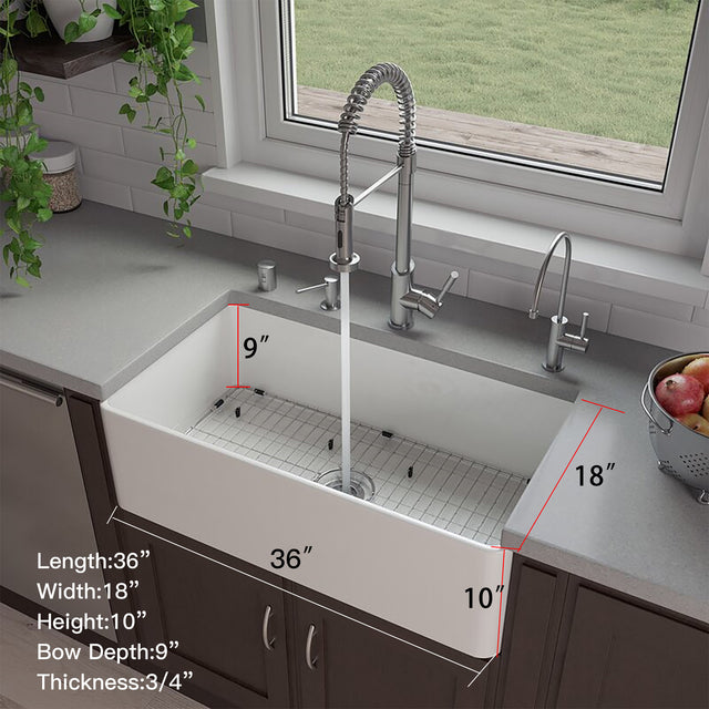 Fireclay Farmhouse Kitchen Sink 36 inch Single Bowl Apron Sink with Bottom Grid in & Drain , White Color