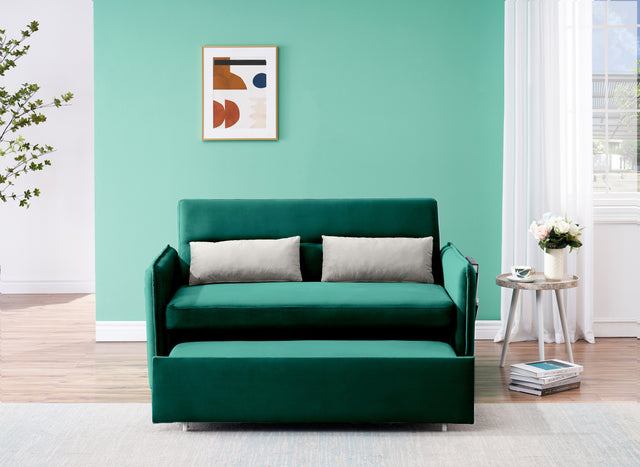 2120 Sofa Pull Out Bed Included Two Pillows 54" Green Velvet Sofa for Small Spaces