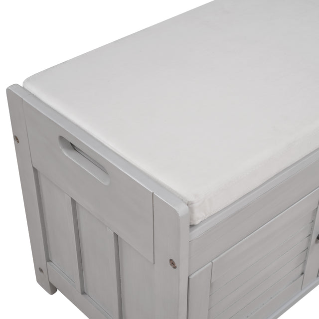 TREXM Storage Bench with 3 Shutter-shaped Doors, Shoe Bench with Removable Cushion and Hidden Storage Space (Gray Wash)