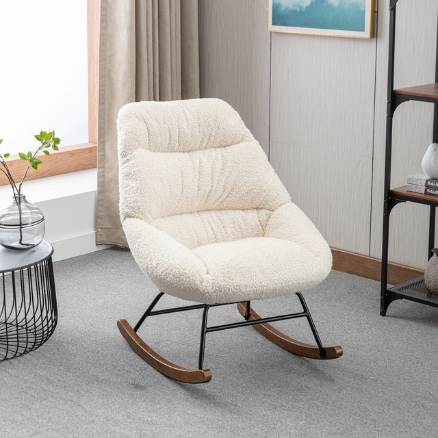Tufted Upholstered Padded Seat Rocking Chair-Boucle Beige