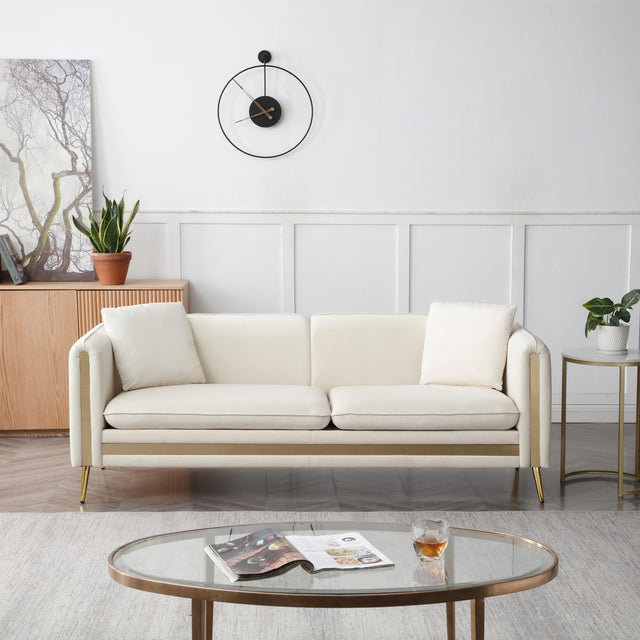 77.2” Modern Upholstered Velvet Sofa 3 Seater Couch with Removable Cushions Side Pocket Mid-Century Tufted Living Room Set Gold Metal Legs,2 Pillows Included,Beige