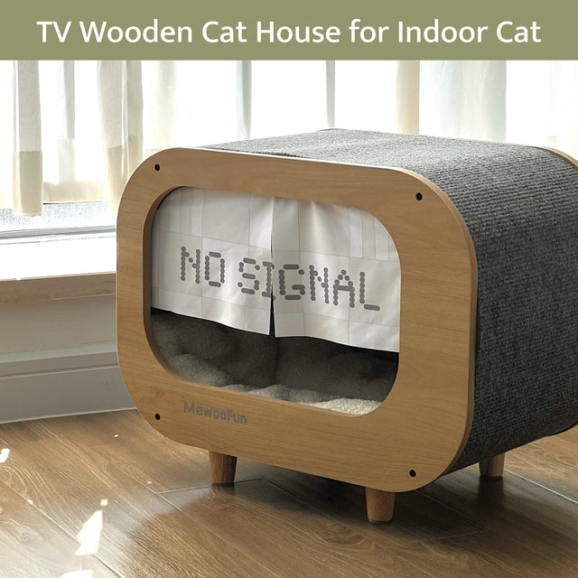 Classic Wooden TV-Shaped Cat Bed, Cat House with Cushion, Grey