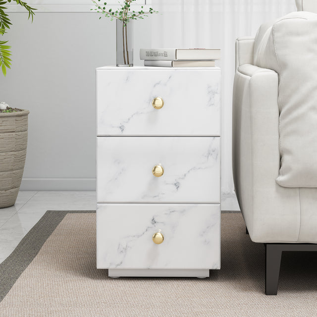 Glass Nightstand, Marble Nightstand with 3 Drawers,Side Table for Bedroom, Living Room(Tempered Glass)