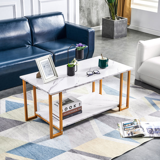 D&N Coffee Table, 2 Layers 1.5cm Thick Marble MDF Rectangle 39.37" L Tabletop Iron Coffee Table , Dining Room, Coffee Shop, Resterant, White Top, Gold Leg
