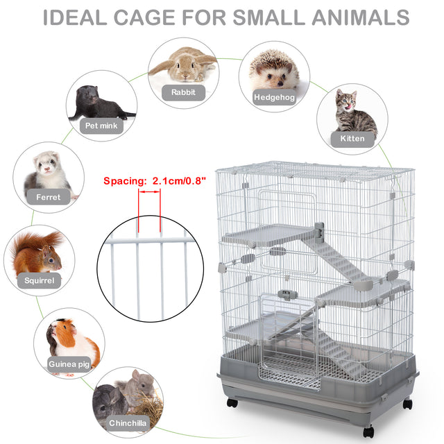 4-Tier 32"Small Animal Metal Cage Height Adjustable with Lockable Casters Grilles Pull-out Tray for Rabbit Chinchilla Ferret Bunny Guinea Pig Squirrel Hedgehog(GREY)(=OLD SKU:W69133215)