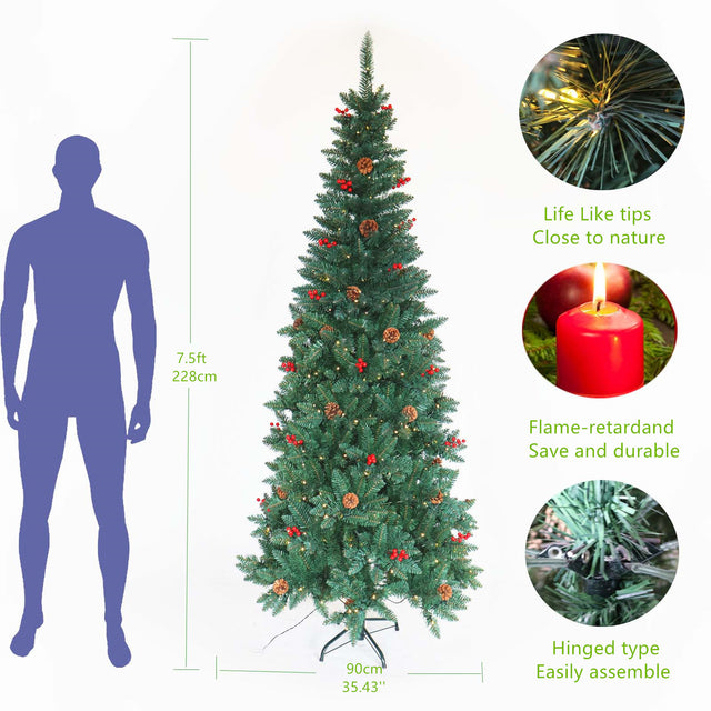 Artificial Slim Christmas Tree Pre-lit Pencil Feel Real Skinny Fir Tree with Cones and Berries 7.5ft foldable metal stand