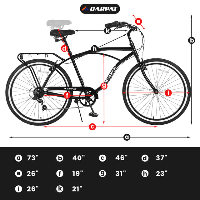 S26205 Adult Beach Cruiser Bike,7 Speed Bicycles, Multiple Colors,26" Inch Wheels,Front and Rear Fenders for Men and Women