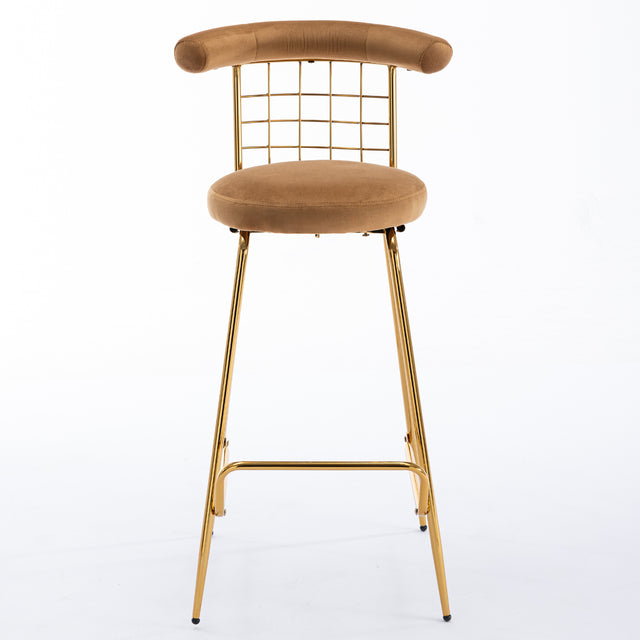 Bar Stool Set of 2, Luxury Velvet High Bar Stool with Metal Legs and Soft Back, Pub Stool Chairs Armless Modern Kitchen High Dining Chairs with Metal Legs, Camel
