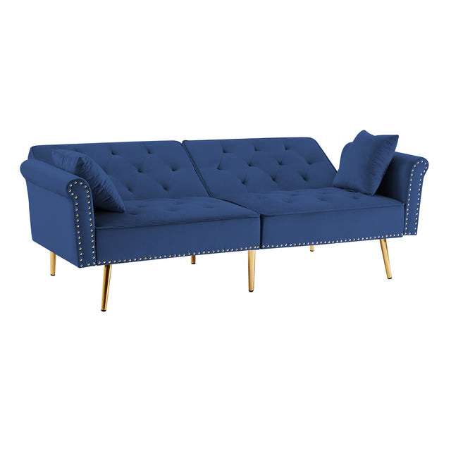 Modern Velvet Tufted Sofa Couch with 2 Pillows and Nailhead Trim, Loveseat Sofa Futon Sofa Bed with Metal Legs for Living Room.