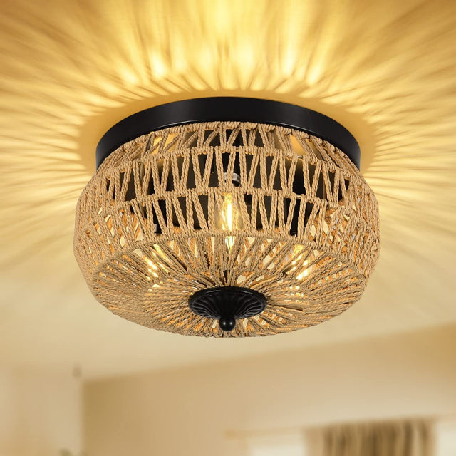 3-Lights Rattan Flush Mount Light