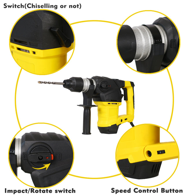 Professioinal Quality 1-1/4” SDS-Plus Heavy Duty Rotary Hammer Drill 13 Amp - Vibration Control, 3 Functions