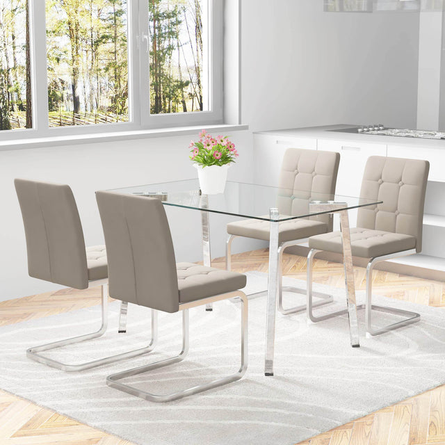 Glass Dining Table, Dining Chair set, 4 Light Brown Embedded Button Dining Chairs and 1 Dining Table .Table Size 51" W x 31"D x 30" H