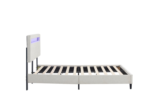 King Size Bed Frame, Modern Upholstered Platform Bed Frame with LED Lights and Height Adjustable Headboard, No Box Spring Needed/Easy Assembly/Pack in 1-Box/Noise-Free (Off white, King)