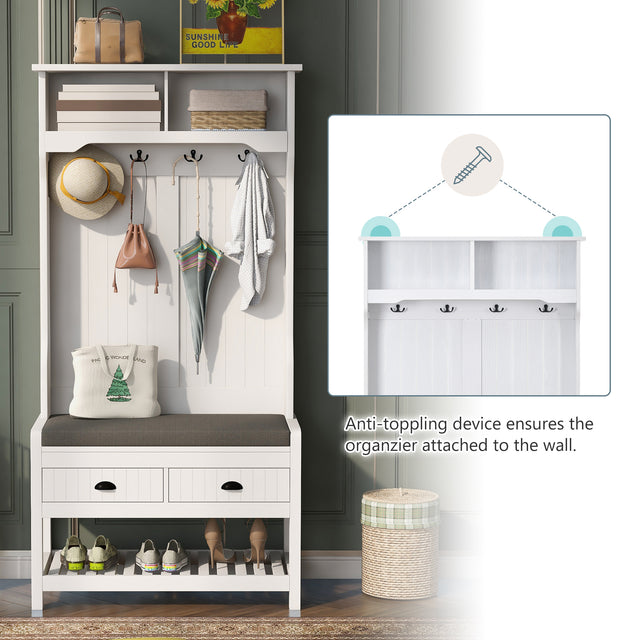 U-Can Hall Tree with 4 Hooks and Hinged Lid, Coat Hanger, Entryway Bench, Storage Bench, 3-in-1 Design, 69INCH, for Entrance, Hallway (White)