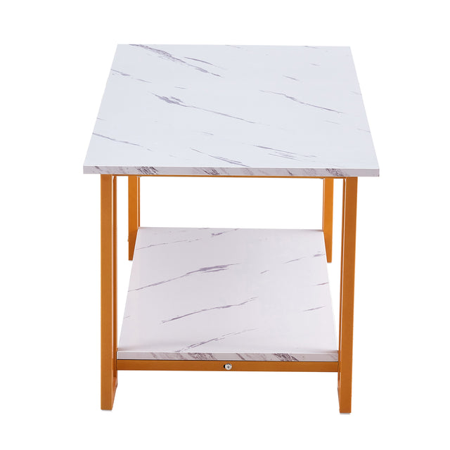 D&N Coffee Table, 2 Layers 1.5cm Thick Marble MDF Rectangle 39.37" L Tabletop Iron Coffee Table , Dining Room, Coffee Shop, Resterant, White Top, Gold Leg