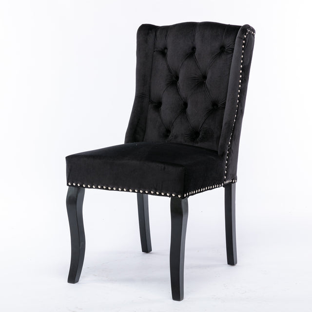 A&A Furniture,Wingback Dining Chair,Traditional Tufted Upholstered America Luxury Chairs, Country Cottage Farm Beach Dining Kitchen Vintage Style Side Chair, Velvet Fabric Wood, Set of 2,Black