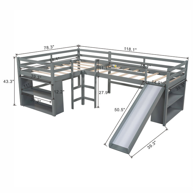 Twin Size L-Shaped Loft Bed with Movable Two-Tier Shelves and Slide,Gray