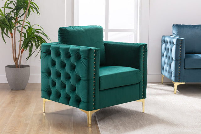 Modern Velvet Armchair Tufted Button Accent Chair Club Chair with Steel Legs for Living Room Bedroom,Green