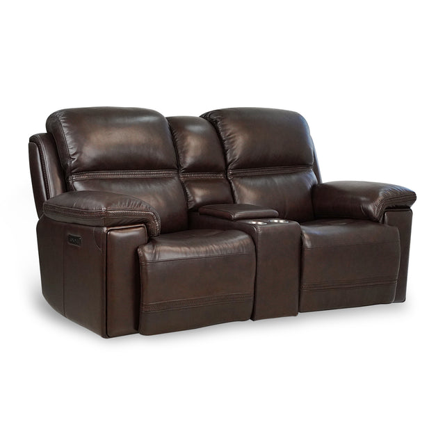 Timo Top Grain Leather Power Reclining Loveseat With Console | Adjustable Headrest | Storage | Steel Cup Holders | Cross Stitching