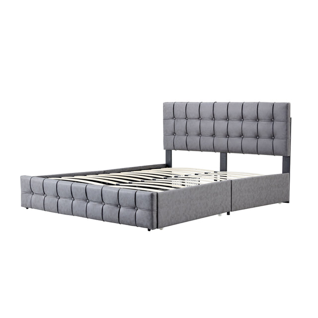 Hot Sale Queen Size Dark Grey Tech cloth Button Embedded Adjustable Headboard Height Upholstered Platform Bed Frame with Storage Drawers