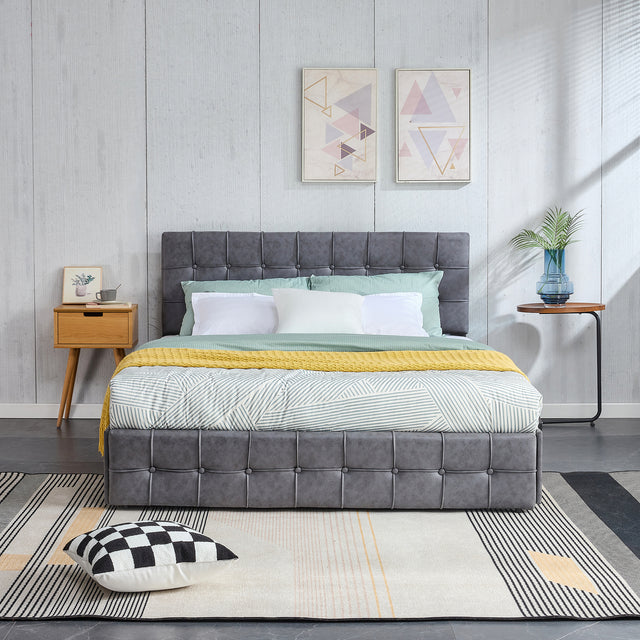 Hot Sale Queen Size Dark Grey Tech cloth Button Embedded Adjustable Headboard Height Upholstered Platform Bed Frame with Storage Drawers