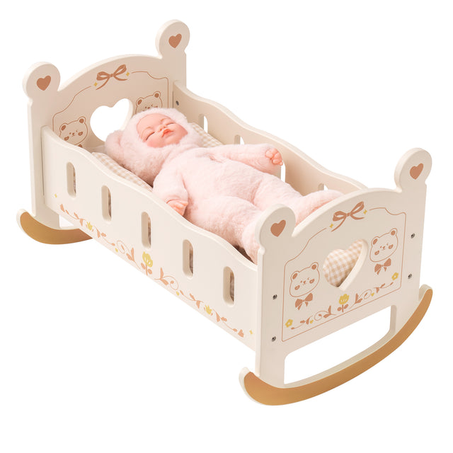 Baby Crib, Rocking Wooden Play Cradle for Dolls, Best Gift for Kids and Dementia Elderly(Brown)