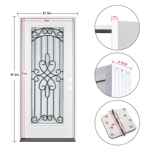 37.5inx81.5in Left Hand Inswing Wrought Iron Fiber Glass Prehung Entry Door .