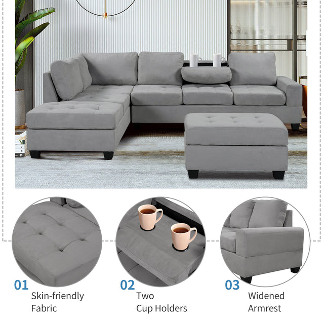 Orisfur. Modern Sectional Sofa with Reversible Chaise, L Shaped Couch Set with Storage Ottoman and Two Cup Holders for Living Room