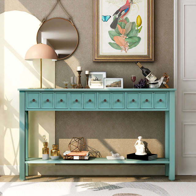 TREXM Rustic Entryway Console Table, 60" Long Sofa Table with two Different Size Drawers and Bottom Shelf for Storage (Blue)