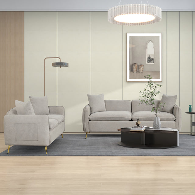 2 Piece Velvet Upholstered Sofa Sets,Loveseat and 3 Seat Couch Set Furniture with 2 Pillows and Golden Metal Legs for Different Spaces,Living Room,Apartment,Gray